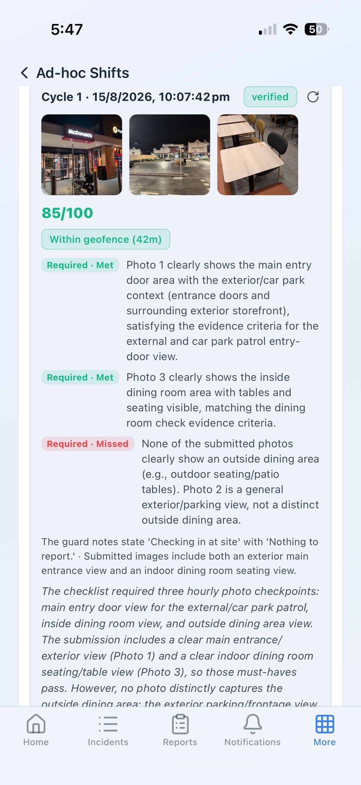 GuardSync AI analysis of an adhoc patrol cycle, scoring 85/100 and matching each submitted photo against the required checkpoint instructions