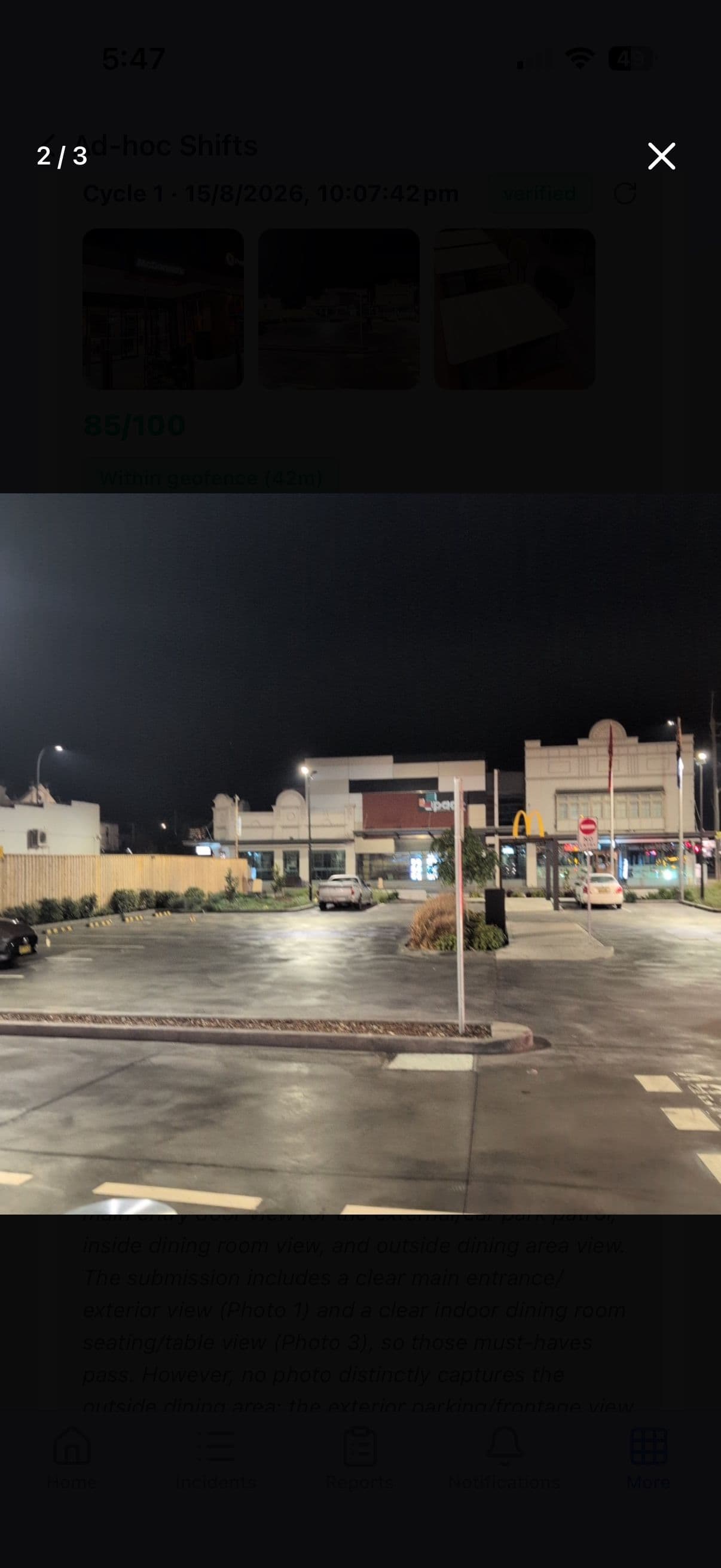 Live checkpoint photo of the car park, captured by a Mint Group guard via GuardSync during an overnight adhoc patrol