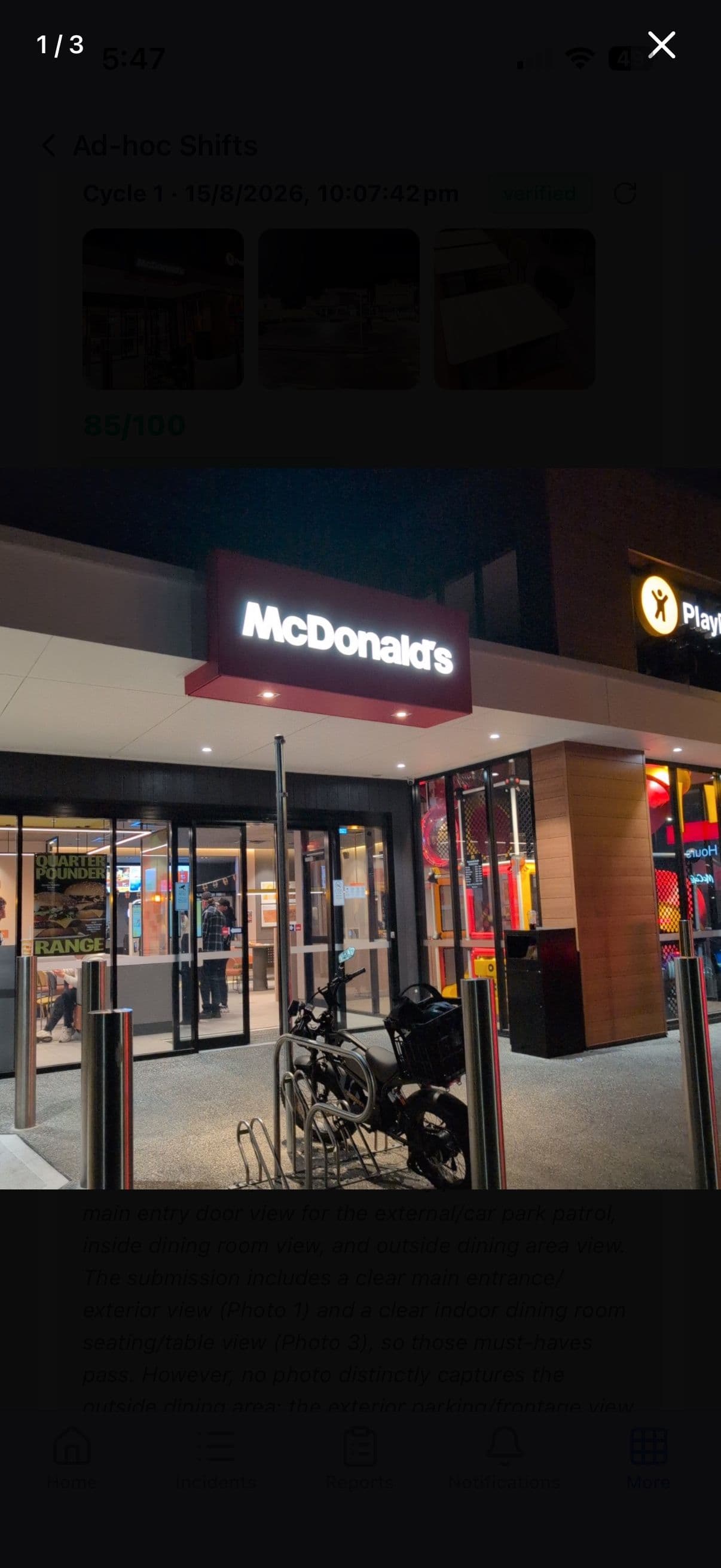 Live checkpoint photo of the restaurant entrance, captured by a Mint Group guard via GuardSync during an overnight adhoc patrol