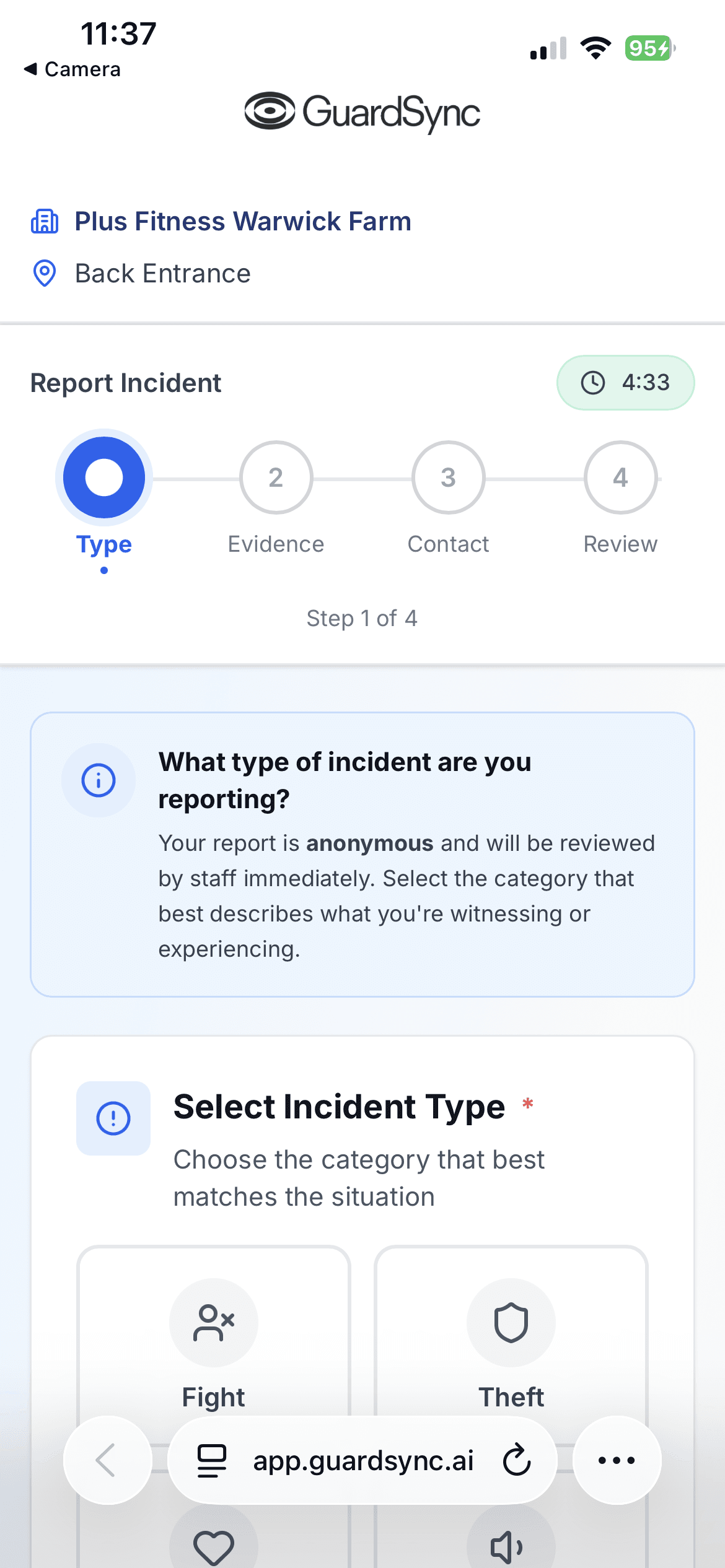 GuardSync report submission UI — QR-triggered, mobile-first