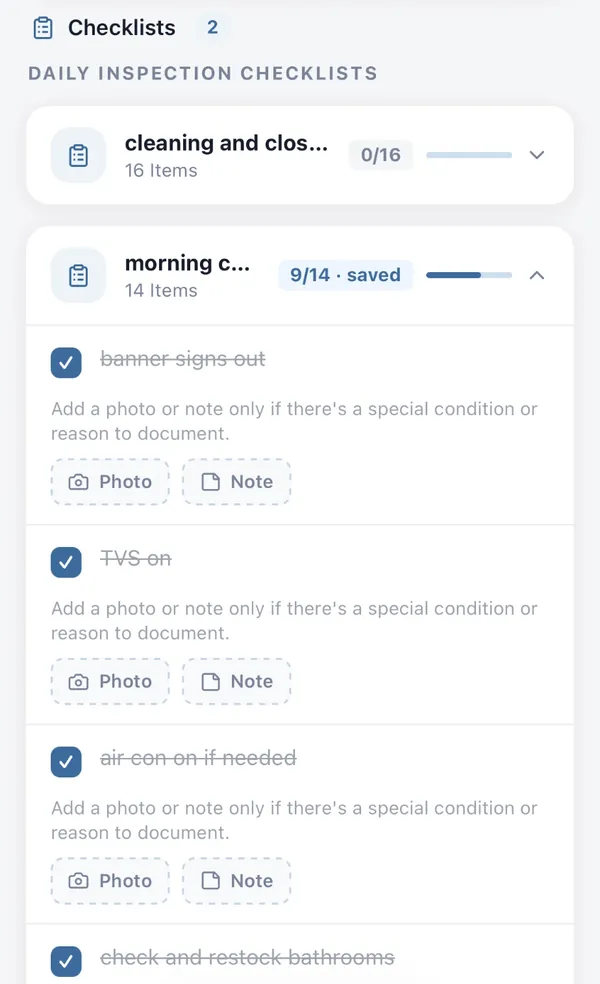 A staff member working through the morning opening checklist on their phone, 9 of 14 items ticked and saved, with Photo and Note buttons on each item