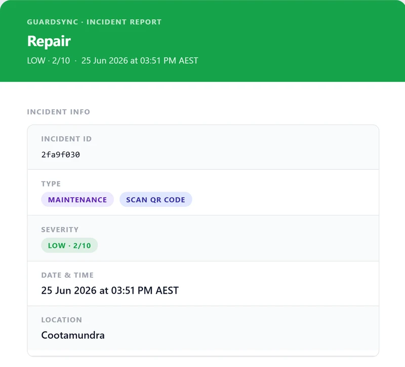 The notification email an owner receives when a report comes in: a Repair report, maintenance type, low severity, with the date, time and location