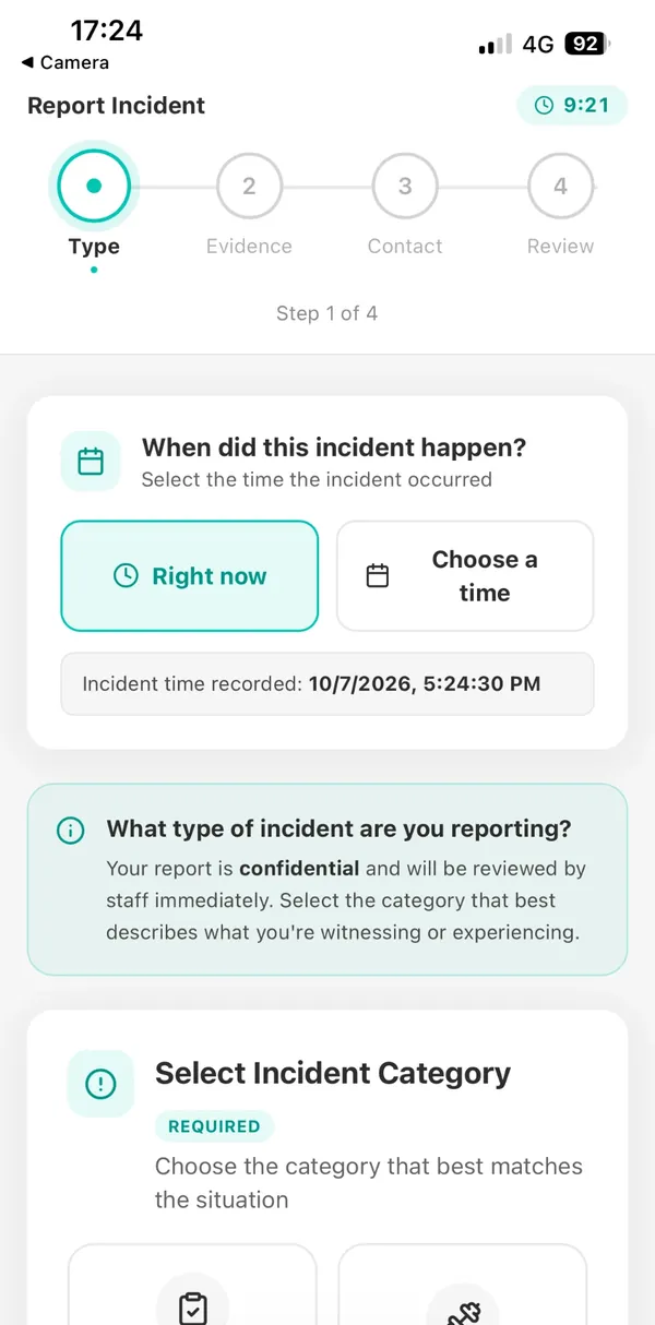 A member partway through a GuardSync report on their phone: step 1 of 4, incident time recorded, about to pick the incident category