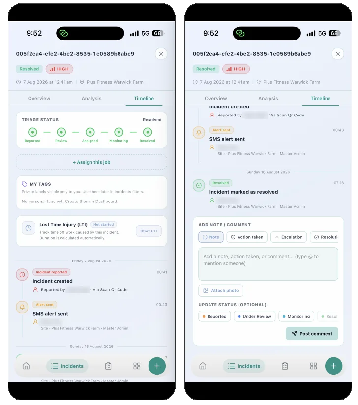 The Plus Fitness Warwick Farm report in the GuardSync dashboard: reported 7 August 2026 at 12:41am via QR code, SMS alert sent at 12:43am, marked high severity and resolved